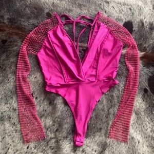 Rhinestone mesh sleeve hot pink bodysuit
